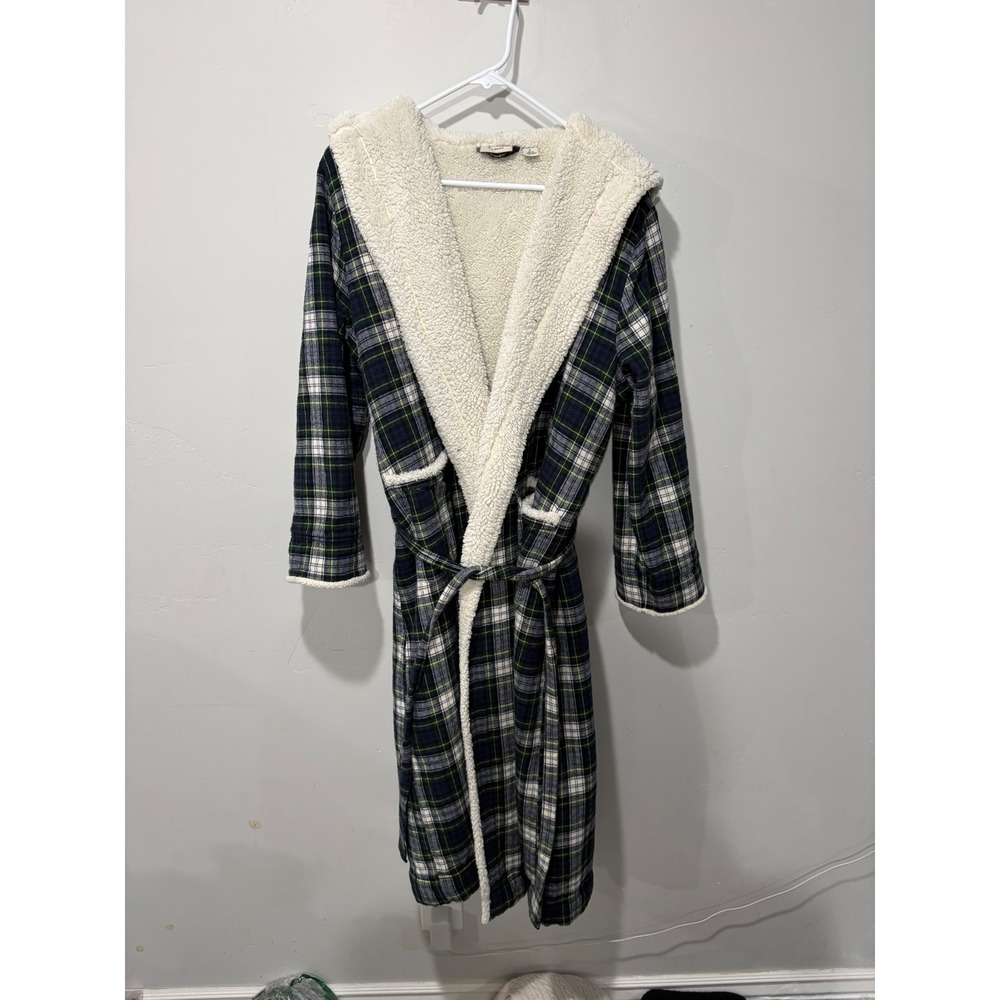 LL Bean Mens Hooded Flannel Robe Sherpa Lined Plaid Navy Green Large Petite